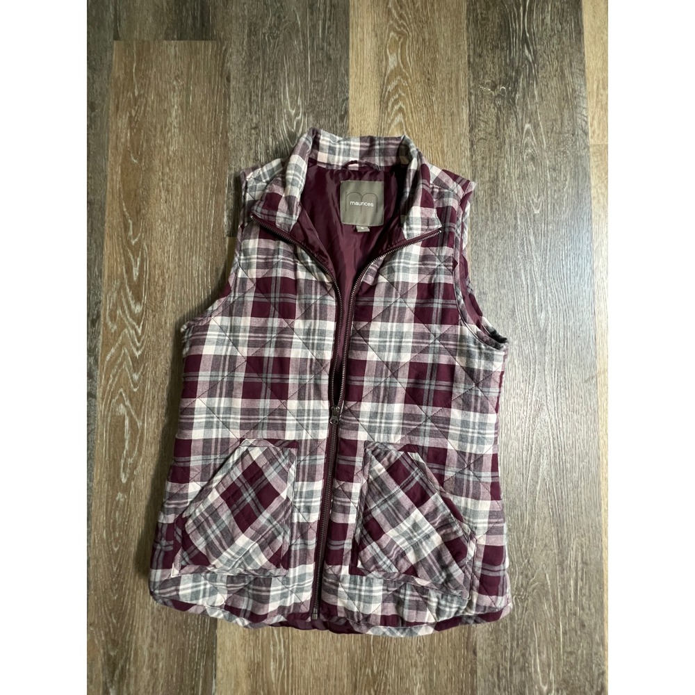 Maurices Quilted Vest Women Small Burgundy Plaid Full Zip Sleeveless Jacket